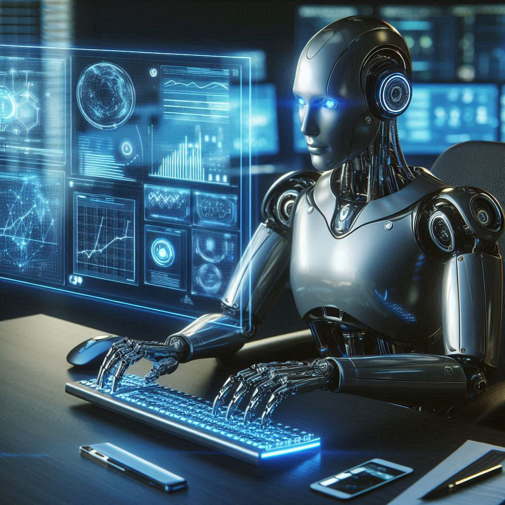 Robot typing at computer